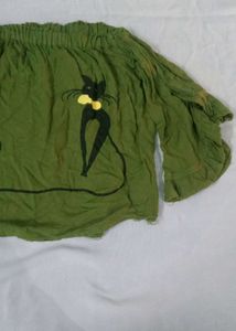 Olive Green Cat Print Top
