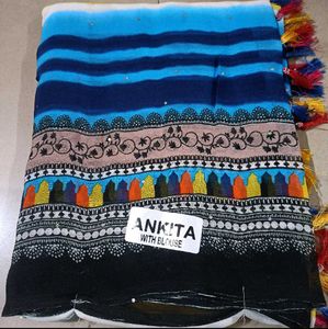 Vibrant Colorblocked Saree With Blouse Piece