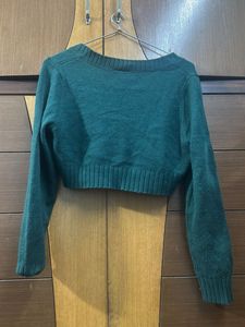 Green Cropped V-Neck Sweater