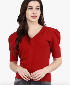 Popwings Red V-Neck Puff Sleeve Top