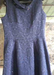 Navy Blue Textured Fit &amp; Flare Dress