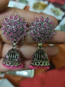 Turquoise Blue And Light Pink Jhumkas