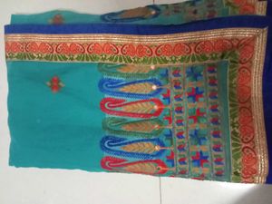 Crepe Cyan Colour Saree