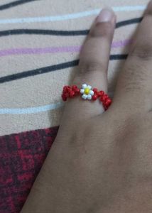 Red Beaded Flower Ring