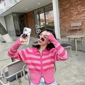 Pink Striped Zip-Up Cardigan