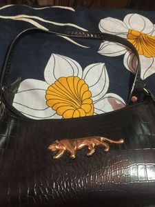 Black Croc Embossed Bag with Gold Accent