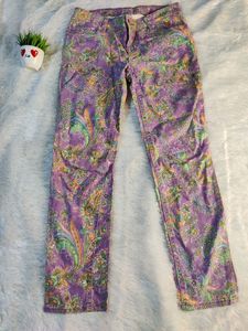Purple Jeans With Multicolor Flower Print For Girl