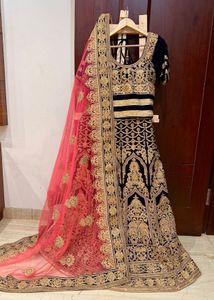Navy Blue Peach Velvet Embroidered Lehenga Choli
