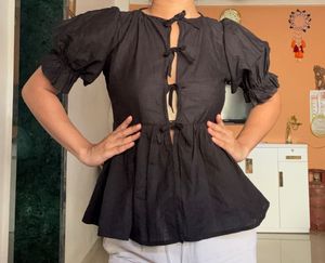 Black Puff Sleeve Tie Front Top| Korean Top