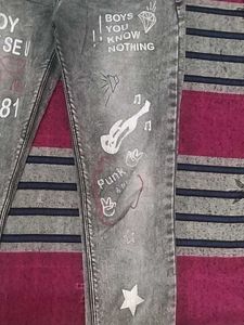 Graphic Printed Grey Denim Jeans