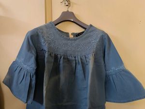 Blue Embroidered Ruffle Denim Top