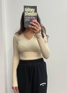 Beige Ribbed Collared Top