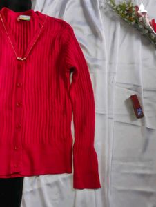 Red Knit Cardigan with Buttons