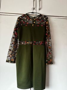 Green Embroidered Bodycon Midi Dress