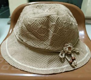 Tan Crochet Sun Hat with Floral Detail