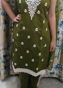 Olive Green Embroidered Kurta