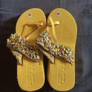 Yellow Floral Flip Flops - Size 36