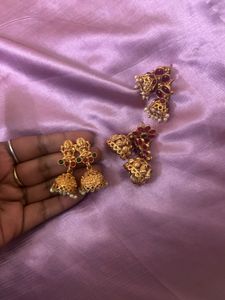 Golden Jhumka With Red Stone