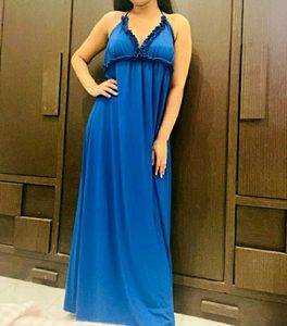 Blue Ruffle Trim Maxi Dress