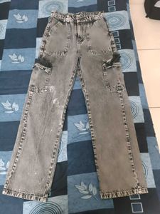 Denim Cargo Wide Leg Jeans In Charcoal Black