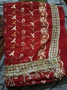 Bridal Georget Maroon Saari With Lacy Border Prepared With Stitched Blouse