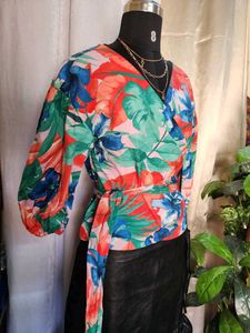 Zara Tropical Print Poplin Wrap Blouse