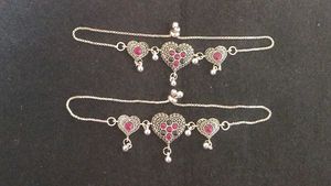 Silver Anklets with Red Stone Heart Charms