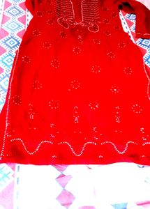 Handwork Chikenkari Red Embroidered Kurta