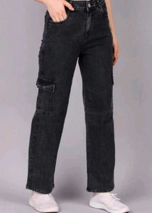 Wide Leg Black Denim Cargo Jeans