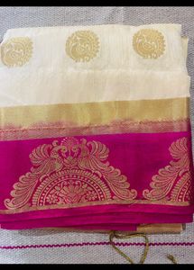 Pink Creamy Contrast Saree With Blouse