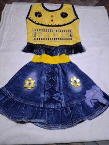 Denim Skirt with Yellow Waistband