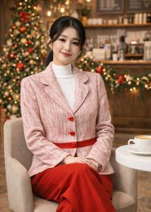 Korean Elegant Red Tweed Blazer