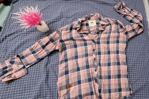 Peach & Navy Plaid Shirt