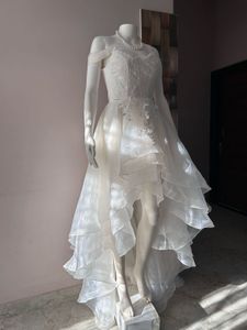 High low white organza-lace gown