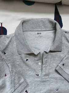 Uniqlo Men Cotton Mix Grey Printed Polo Tshirt