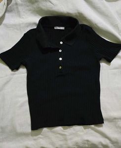 Zara Black Ribbed Polo Top