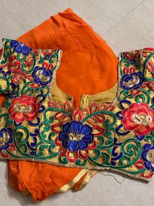 Plain Orange Saree With Designer Blouse
