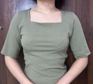 Ribbed Olive 3 4 Sleeves Top
