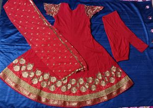 Red Frock Suit With Dupatta (Emoidred)&( cotton)