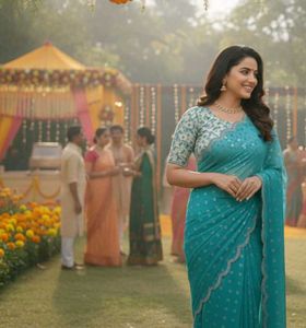 Teal Saree with Floral Blouse Piece