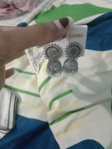 Pretty Silver Jhumkas With Attached White Beads