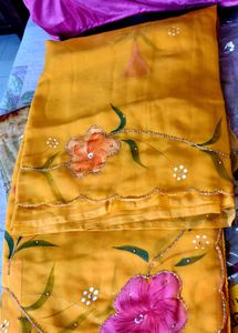 Mango Yellow Paint Colored Saree With Blouse. (New