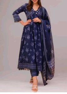 Navy Blue Printed Anarkali Suit Set