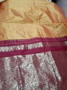 Gorgeous Mango Colour & Maroon Zari Checks Saree