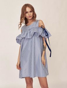 Striped Ruffle Cold Shoulder Dress