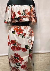 Floral Off Shoulder Cord Set With Pencil Skirt