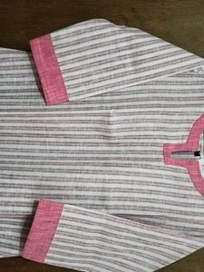 Striped White cotton long straight kurta