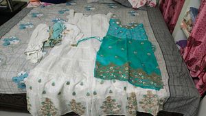 Teal &amp; White Embellished Salwar Kameez