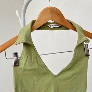 Green Sleeveless Polo Crop Top