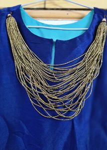 Blue &amp; Gold Patterned Dress with Necklace